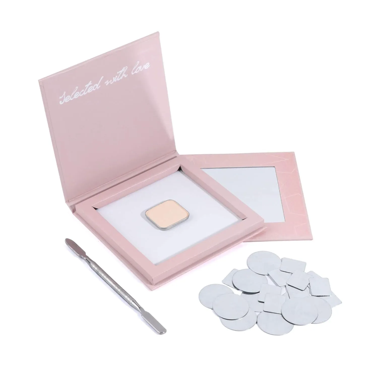 Magnetic Single Matte Eyeshadow with Metal Pan (Ivory Elegance) Small Magnetic Makeup Palette with Mirror, Spatula, 20 Metal Stickers (Pink, Small)