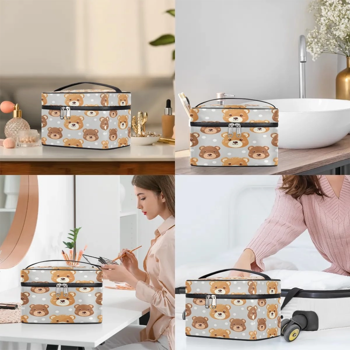 Makeup Bag Large Bears Dots Toiletry Bag for Women Travel Cosmetic Bag Portable Makeup Bag for Bottles Brushes Lipstick Skin Care