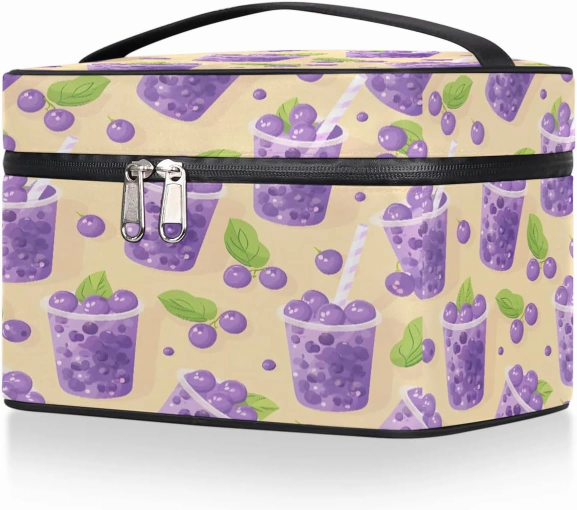 Makeup Bag Large Blueberry Juice Print Toiletry Bag for Women Travel Cosmetic Bag Portable Makeup Bag for Bottles Brushes Lipstick Skin Care