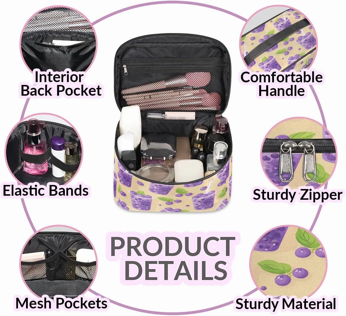Makeup Bag Large Blueberry Juice Print Toiletry Bag for Women Travel Cosmetic Bag Portable Makeup Bag for Bottles Brushes Lipstick Skin Care