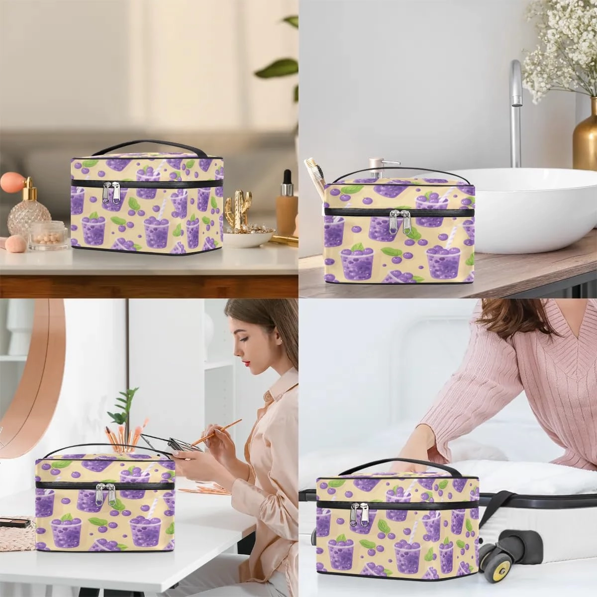 Makeup Bag Large Blueberry Juice Print Toiletry Bag for Women Travel Cosmetic Bag Portable Makeup Bag for Bottles Brushes Lipstick Skin Care