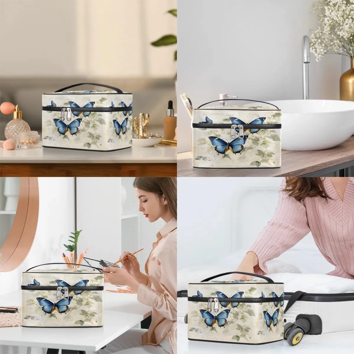 Makeup Bag Large Butterfly Leaf Toiletry Bag for Women Travel Cosmetic Bag Portable Makeup Bag for Bottles Brushes Lipstick Skin Care