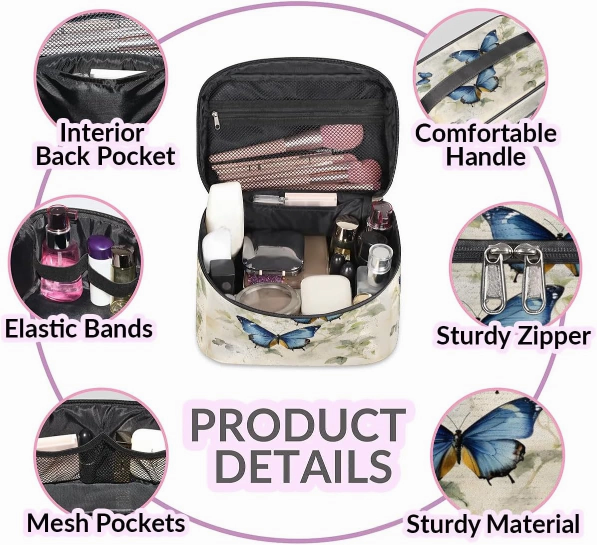 Makeup Bag Large Butterfly Leaf Toiletry Bag for Women Travel Cosmetic Bag Portable Makeup Bag for Bottles Brushes Lipstick Skin Care