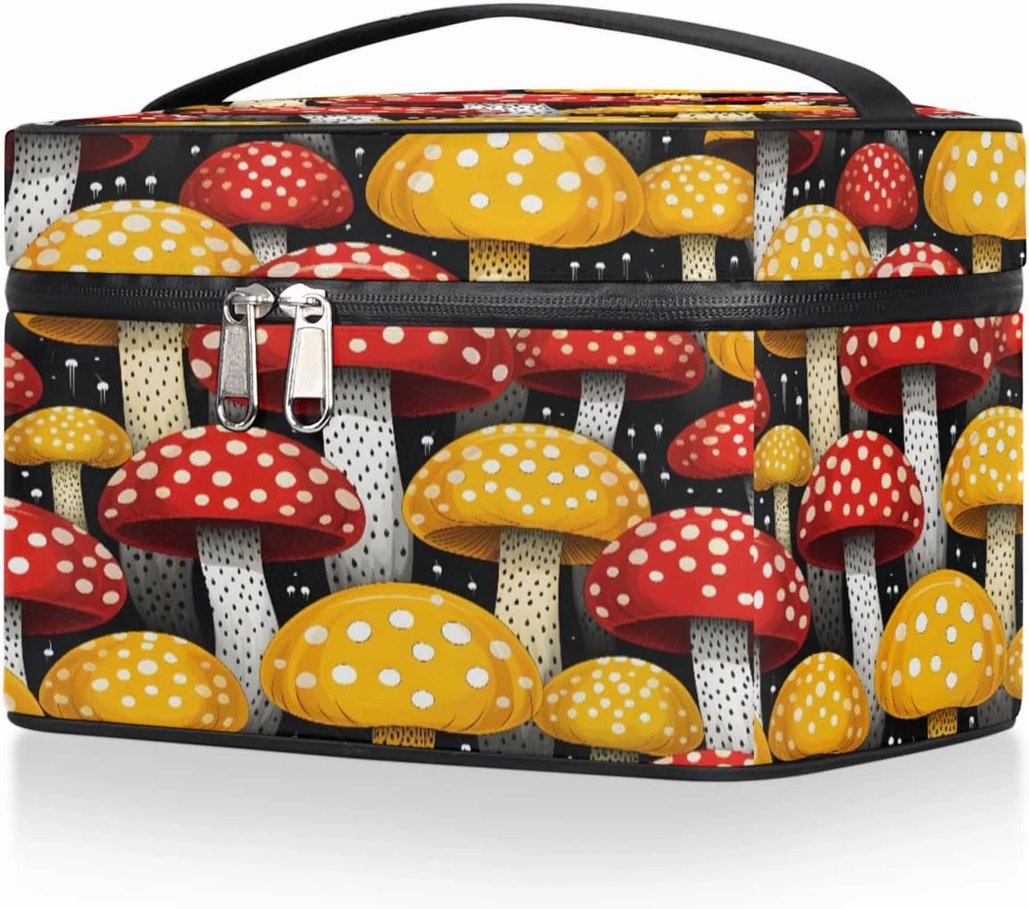Makeup Bag Large Cartoon Mushrooms Toiletry Bag for Women Travel Cosmetic Bag Portable Makeup Bag for Bottles Brushes Lipstick Skin Care