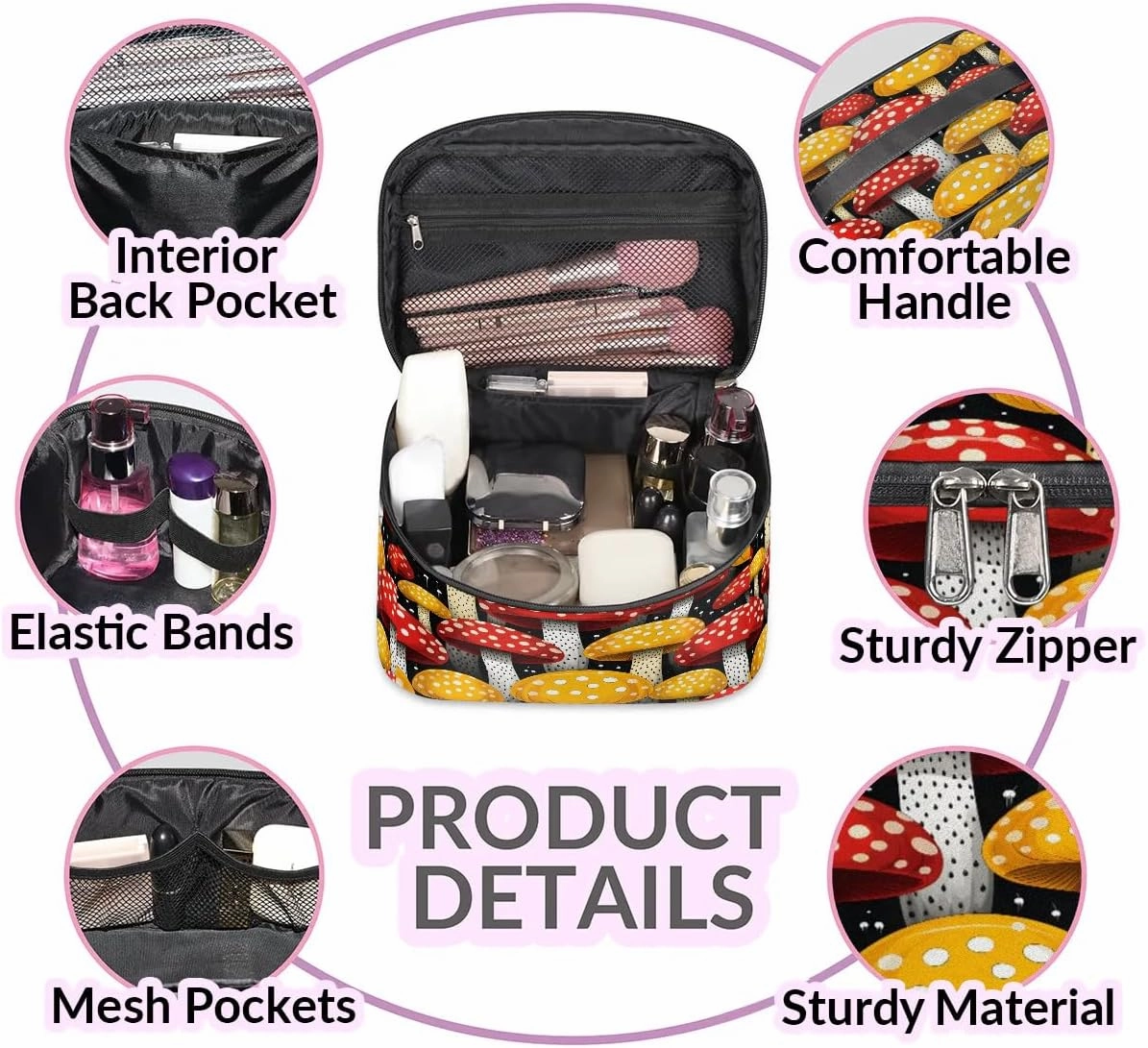Makeup Bag Large Cartoon Mushrooms Toiletry Bag for Women Travel Cosmetic Bag Portable Makeup Bag for Bottles Brushes Lipstick Skin Care
