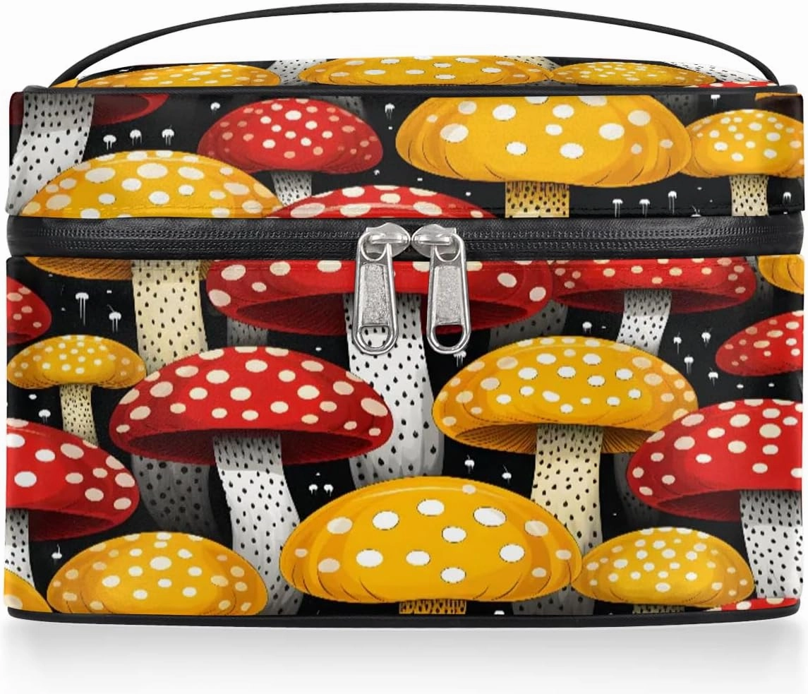 Makeup Bag Large Cartoon Mushrooms Toiletry Bag for Women Travel Cosmetic Bag Portable Makeup Bag for Bottles Brushes Lipstick Skin Care