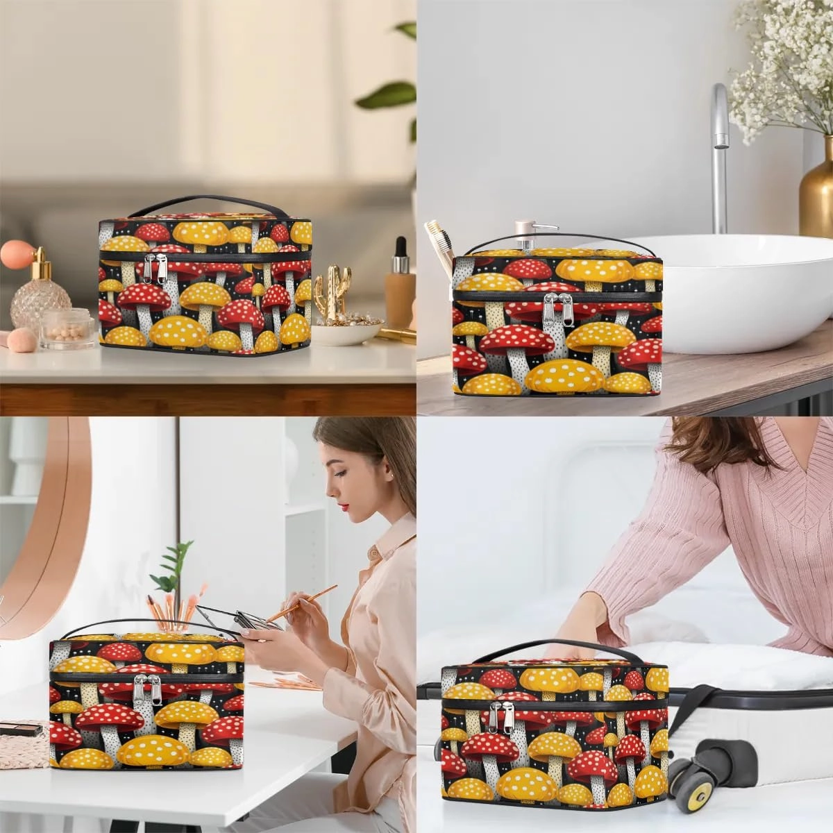 Makeup Bag Large Cartoon Mushrooms Toiletry Bag for Women Travel Cosmetic Bag Portable Makeup Bag for Bottles Brushes Lipstick Skin Care