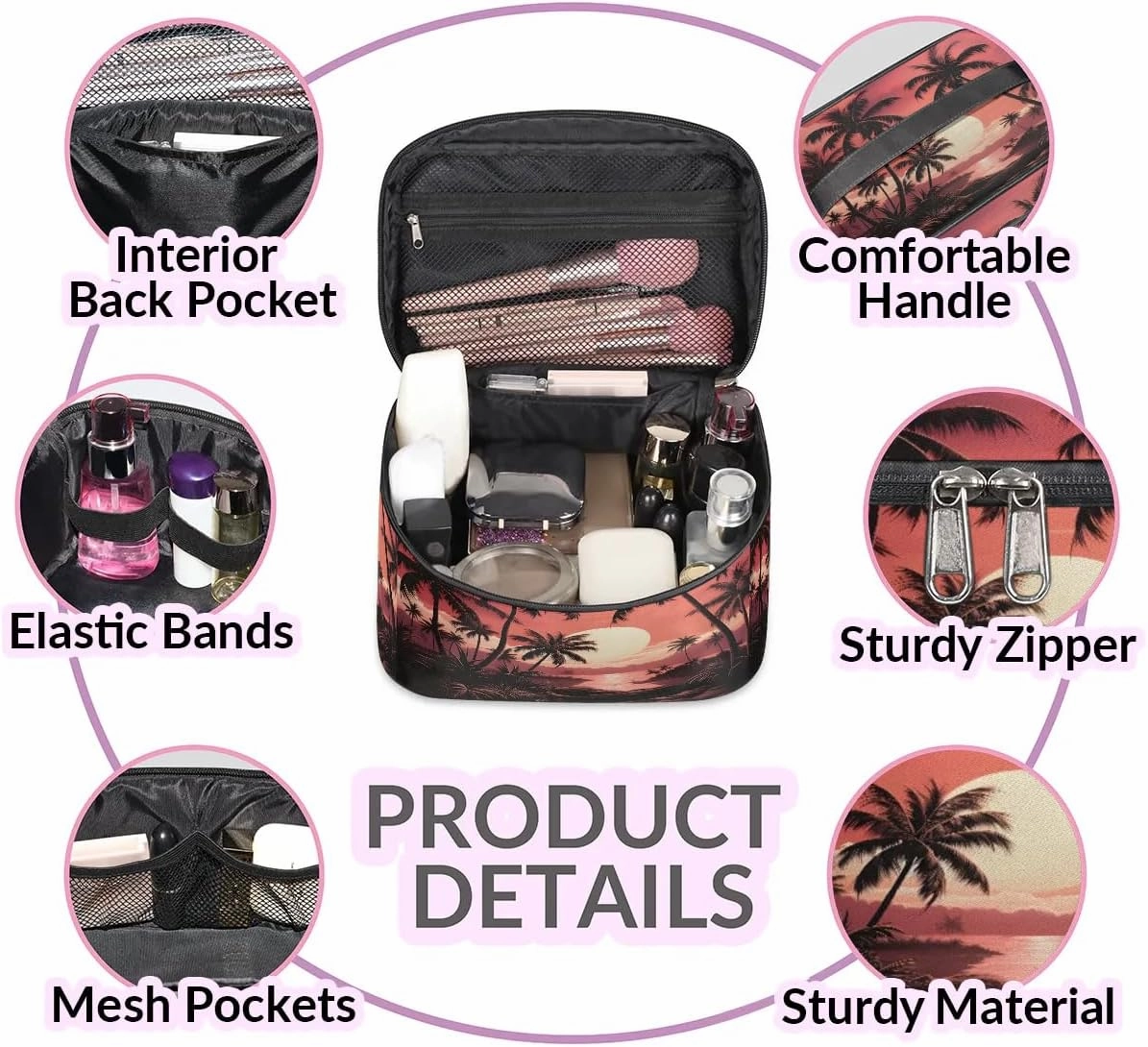 Makeup Bag Large Coconut Trees Seaside Toiletry Bag for Women Travel Cosmetic Bag Portable Makeup Bag for Bottles Brushes Lipstick Skin Care