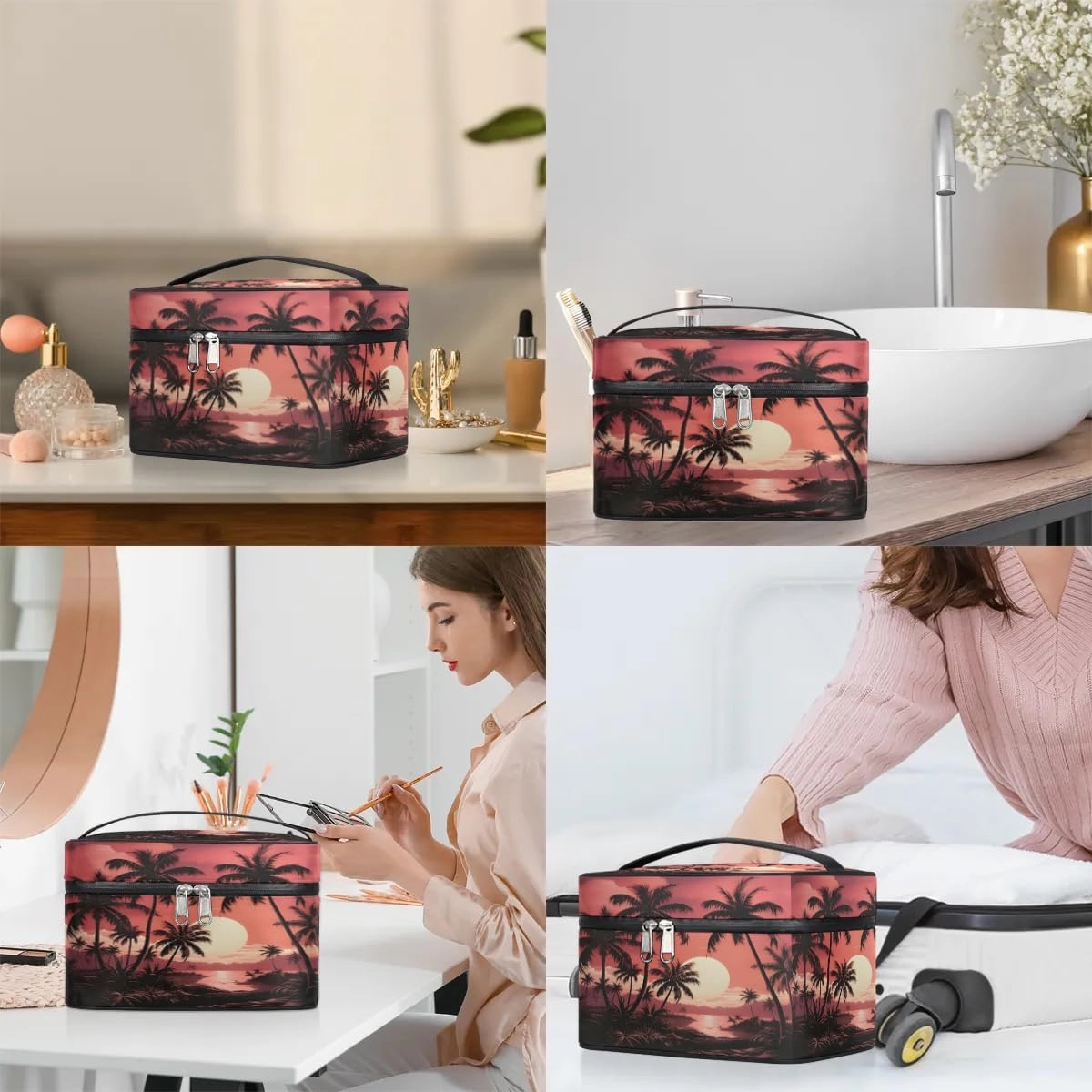 Makeup Bag Large Coconut Trees Seaside Toiletry Bag for Women Travel Cosmetic Bag Portable Makeup Bag for Bottles Brushes Lipstick Skin Care