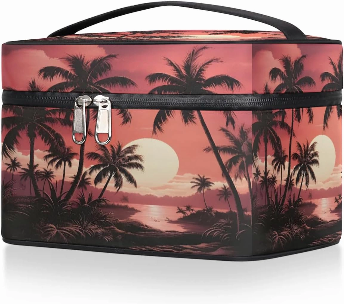 Makeup Bag Large Coconut Trees Seaside Toiletry Bag for Women Travel Cosmetic Bag Portable Makeup Bag for Bottles Brushes Lipstick Skin Care