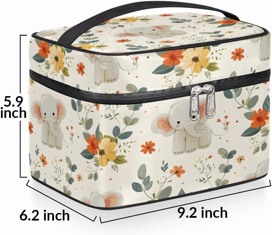 Makeup Bag Large Cute Flower Elephant Toiletry Bag for Women Travel Cosmetic Bag Portable Makeup Bag for Bottles Brushes Lipstick Skin Care