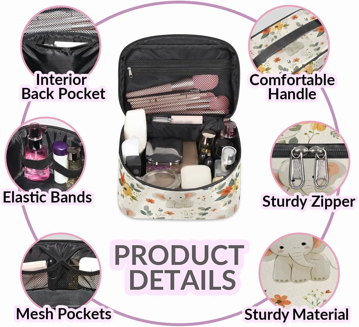 Makeup Bag Large Cute Flower Elephant Toiletry Bag for Women Travel Cosmetic Bag Portable Makeup Bag for Bottles Brushes Lipstick Skin Care