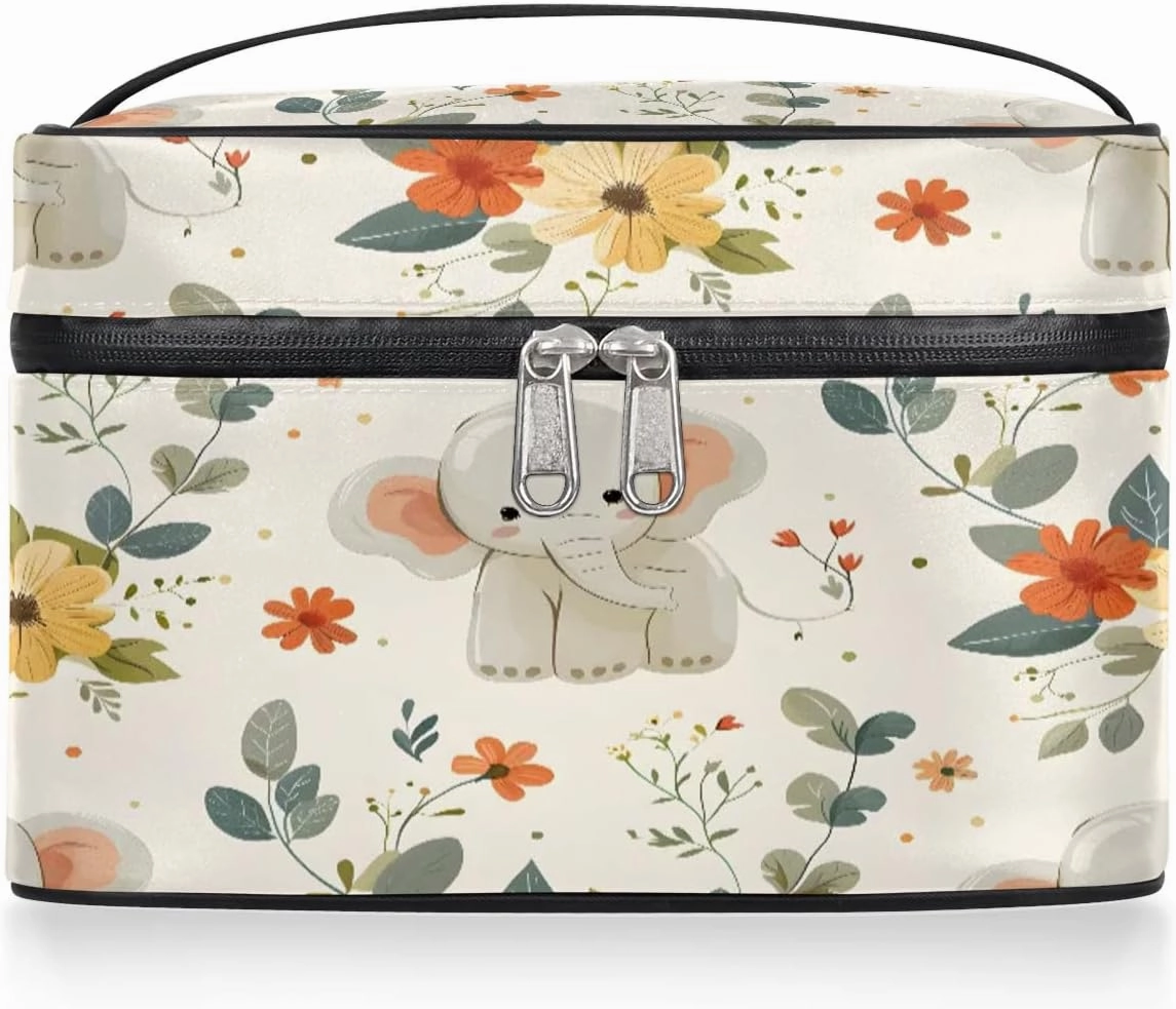 Makeup Bag Large Cute Flower Elephant Toiletry Bag for Women Travel Cosmetic Bag Portable Makeup Bag for Bottles Brushes Lipstick Skin Care