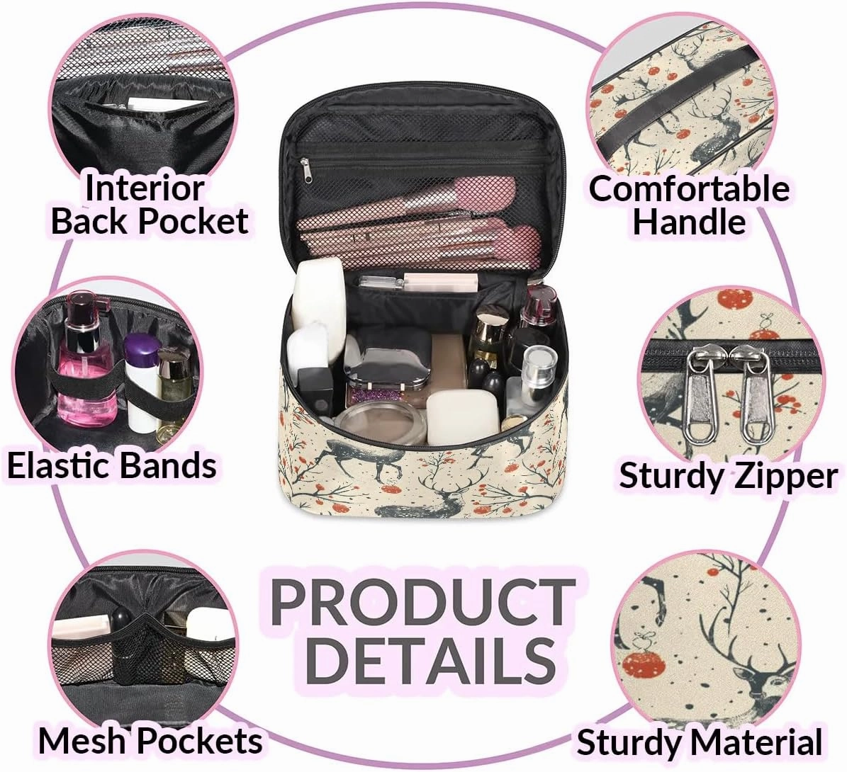 Makeup Bag Large Deer Theme Toiletry Bag for Women Travel Cosmetic Bag Portable Makeup Bag for Bottles Brushes Lipstick Skin Care