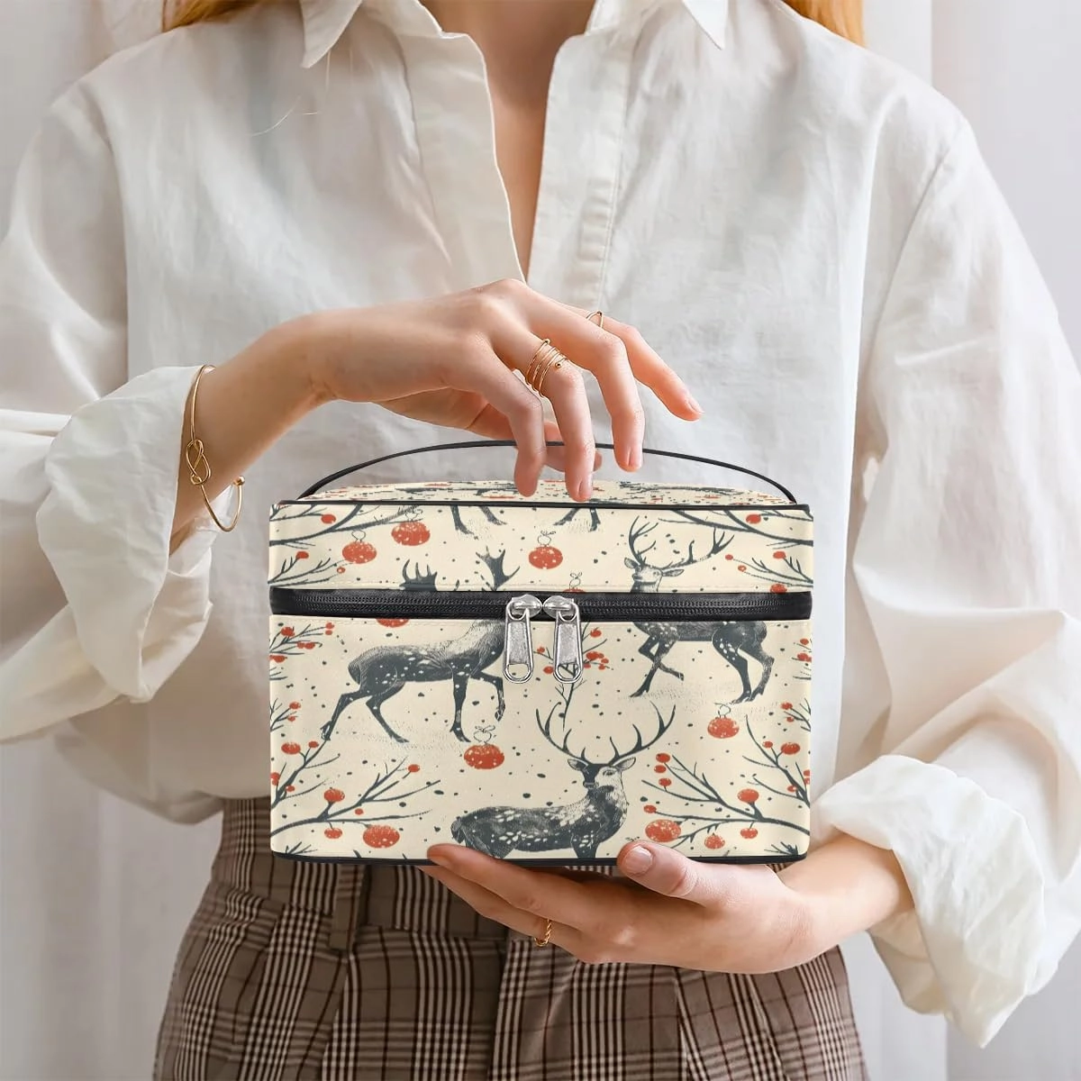 Makeup Bag Large Deer Theme Toiletry Bag for Women Travel Cosmetic Bag Portable Makeup Bag for Bottles Brushes Lipstick Skin Care