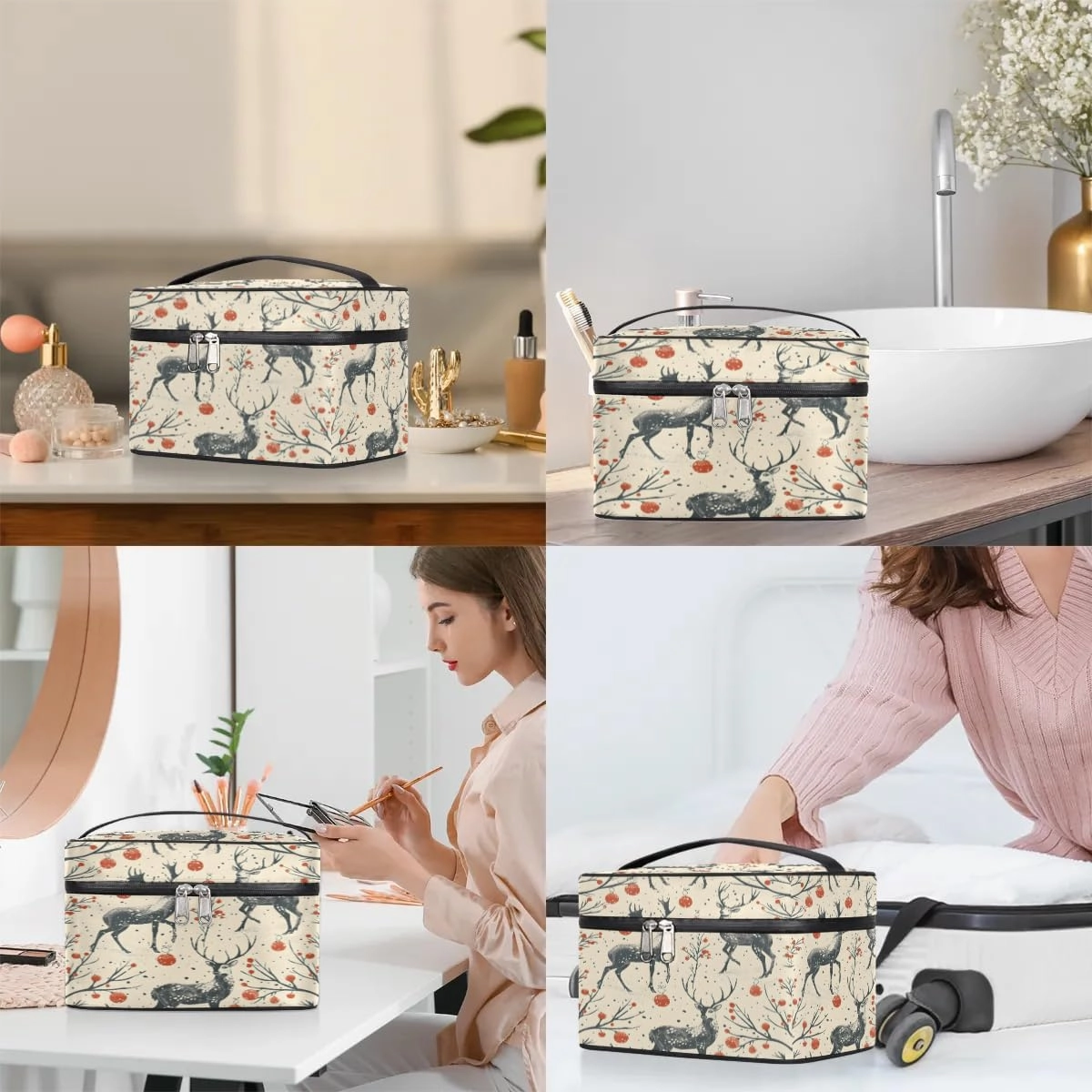 Makeup Bag Large Deer Theme Toiletry Bag for Women Travel Cosmetic Bag Portable Makeup Bag for Bottles Brushes Lipstick Skin Care