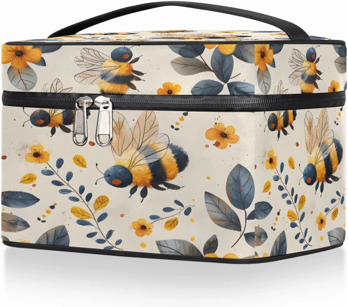 Makeup Bag Large Floral Honey Bee Toiletry Bag for Women Travel Cosmetic Bag Portable Makeup Bag for Bottles Brushes Lipstick Skin Care