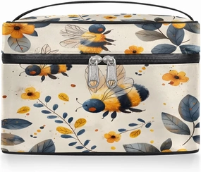 Makeup Bag Large Floral Honey Bee Toiletry Bag for Women Travel Cosmetic Bag Portable Makeup Bag for Bottles Brushes Lipstick Skin Care