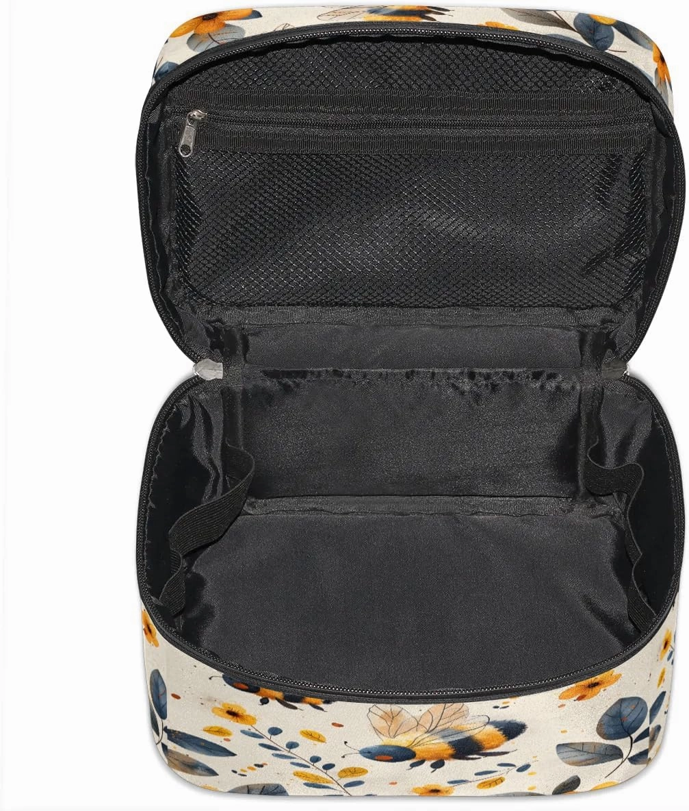 Makeup Bag Large Floral Honey Bee Toiletry Bag for Women Travel Cosmetic Bag Portable Makeup Bag for Bottles Brushes Lipstick Skin Care