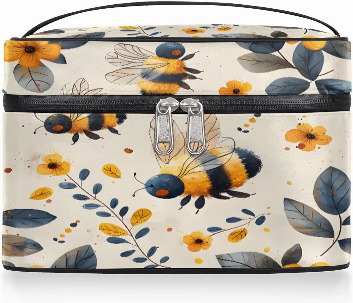 Makeup Bag Large Floral Honey Bee Toiletry Bag for Women Travel Cosmetic Bag Portable Makeup Bag for Bottles Brushes Lipstick Skin Care