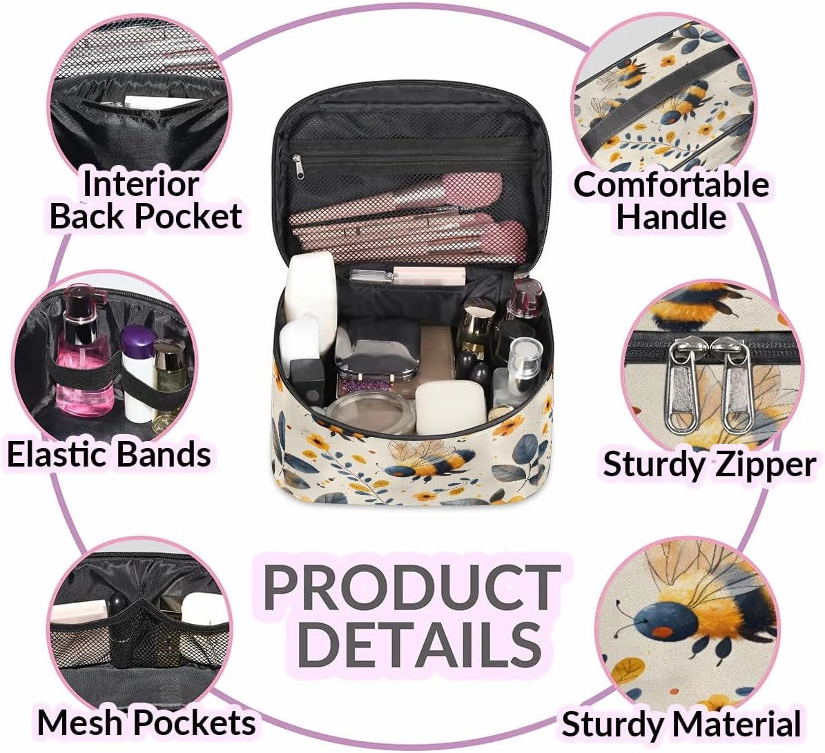 Makeup Bag Large Floral Honey Bee Toiletry Bag for Women Travel Cosmetic Bag Portable Makeup Bag for Bottles Brushes Lipstick Skin Care