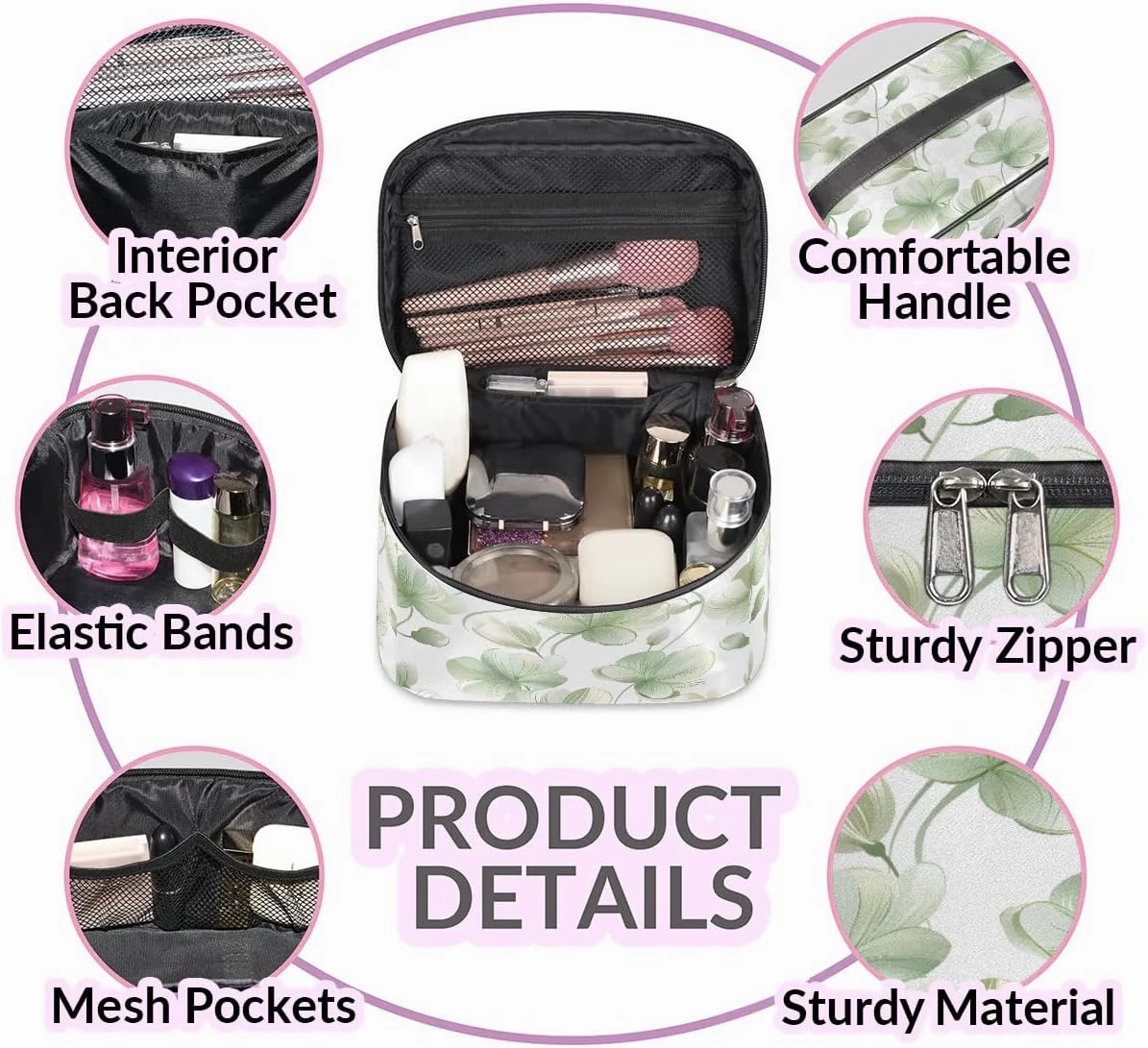 Makeup Bag Large Fresh Leaf Print Toiletry Bag for Women Travel Cosmetic Bag Portable Makeup Bag for Bottles Brushes Lipstick Skin Care