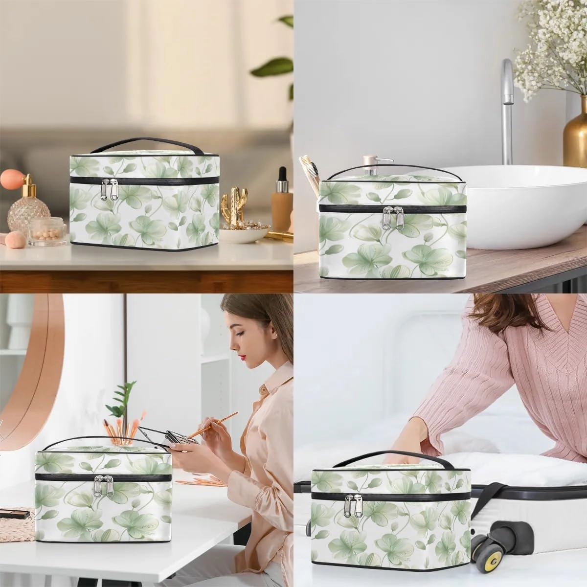 Makeup Bag Large Fresh Leaf Print Toiletry Bag for Women Travel Cosmetic Bag Portable Makeup Bag for Bottles Brushes Lipstick Skin Care