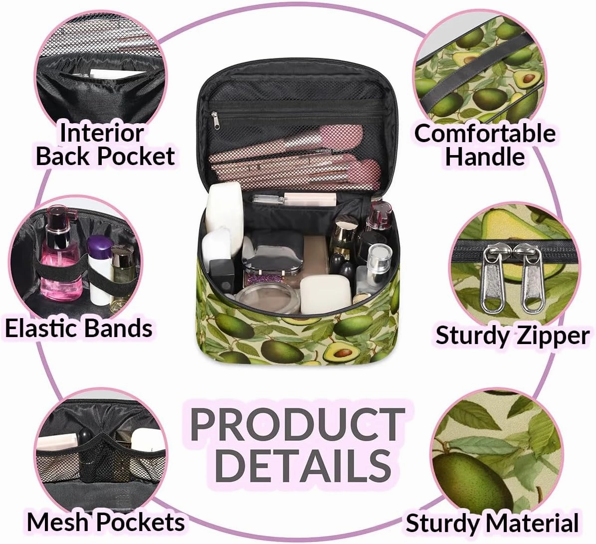 Makeup Bag Large Leaf Avocado Print Toiletry Bag for Women Travel Cosmetic Bag Portable Makeup Bag for Bottles Brushes Lipstick Skin Care