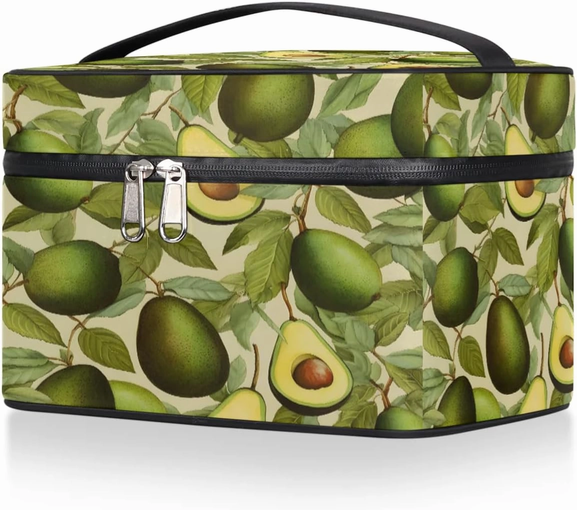 Makeup Bag Large Leaf Avocado Print Toiletry Bag for Women Travel Cosmetic Bag Portable Makeup Bag for Bottles Brushes Lipstick Skin Care
