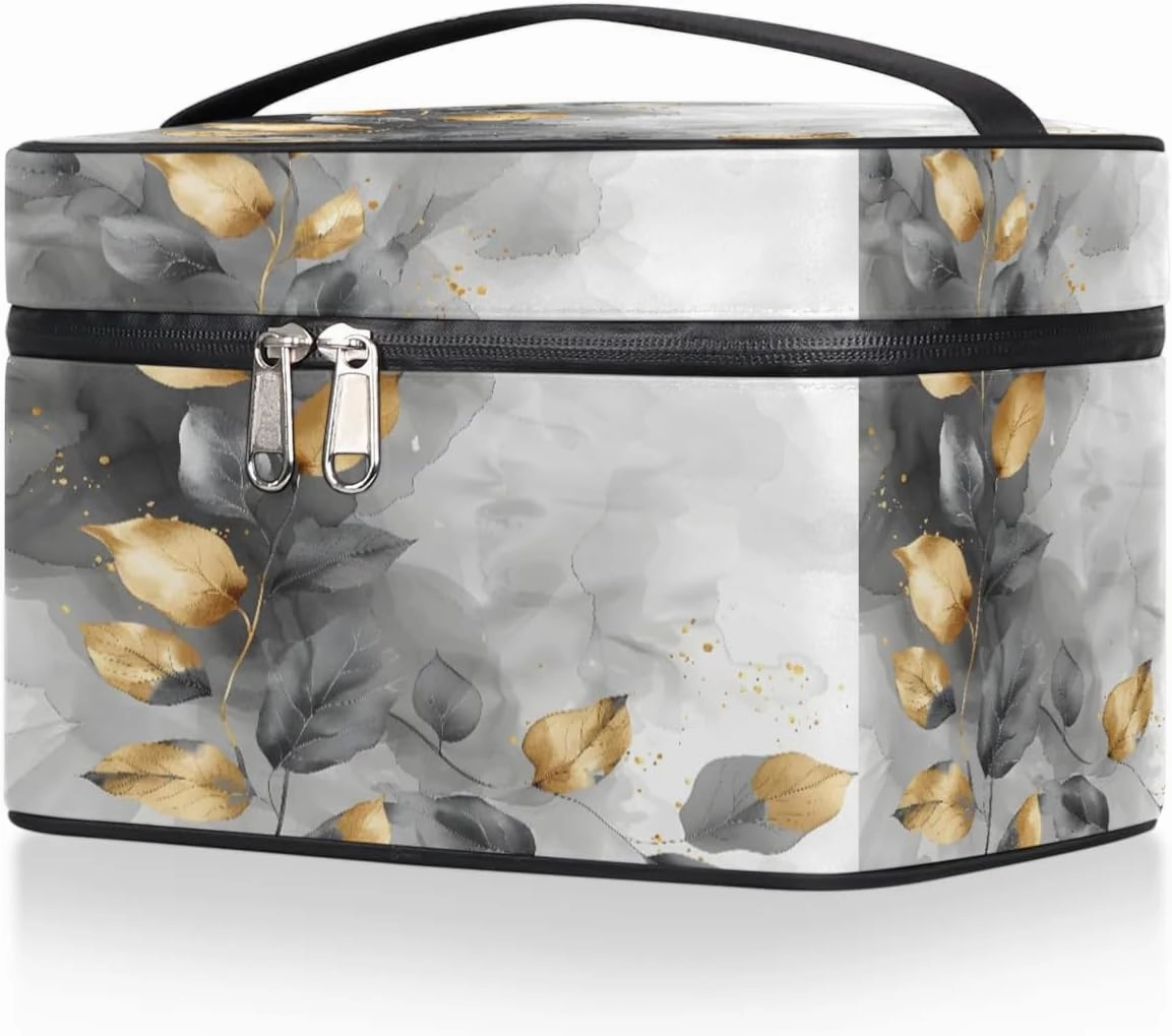 Makeup Bag Large Leaf Marble Style Toiletry Bag for Women Travel Cosmetic Bag Portable Makeup Bag for Bottles Brushes Lipstick Skin Care