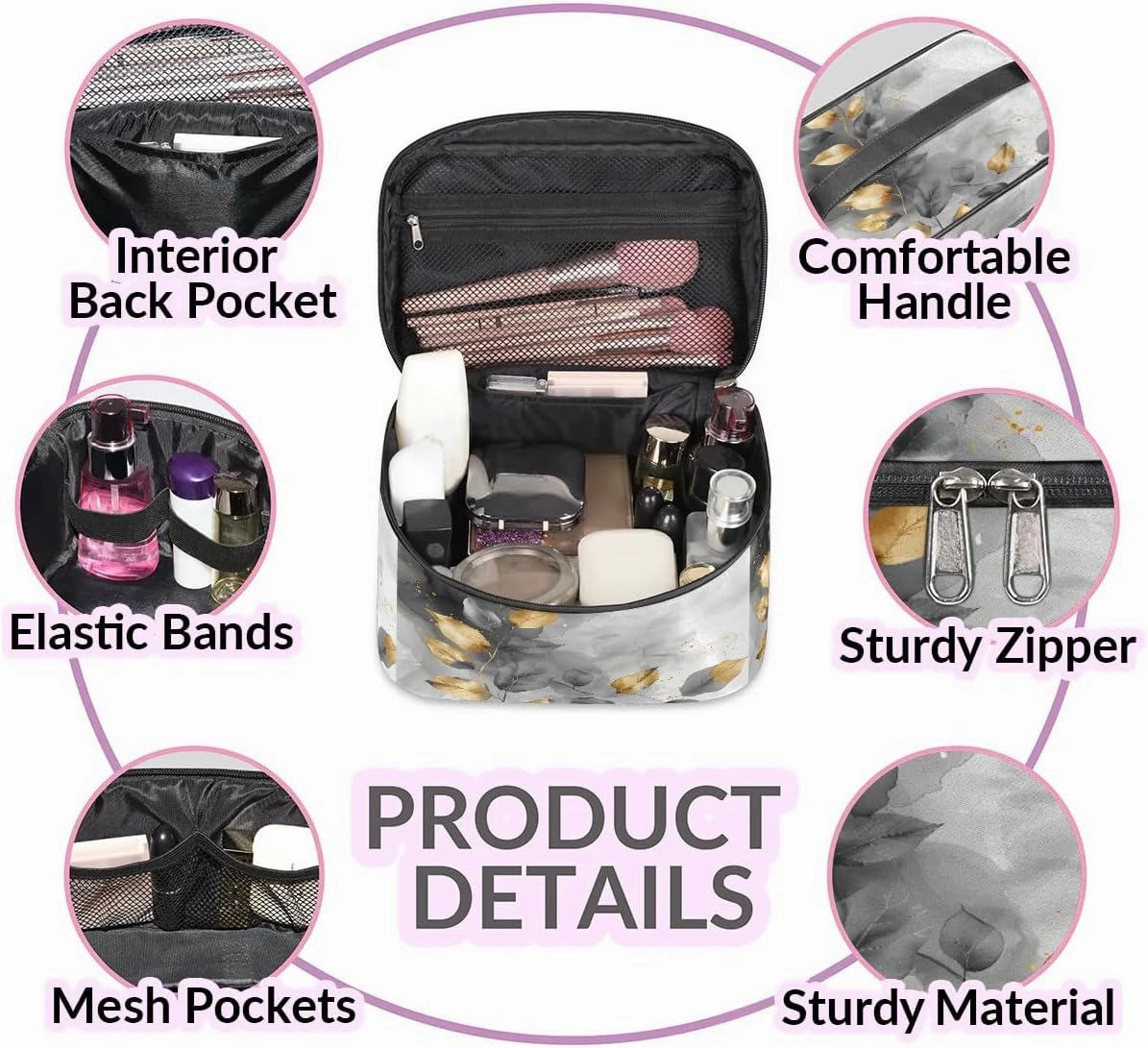 Makeup Bag Large Leaf Marble Style Toiletry Bag for Women Travel Cosmetic Bag Portable Makeup Bag for Bottles Brushes Lipstick Skin Care