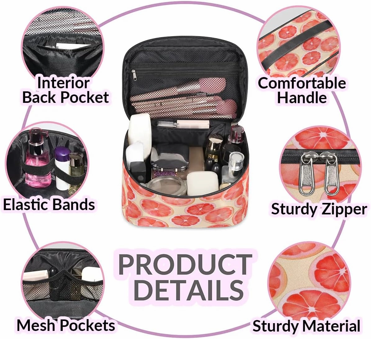 Makeup Bag Large Lemon Slice Theme Toiletry Bag for Women Travel Cosmetic Bag Portable Makeup Bag for Bottles Brushes Lipstick Skin Care