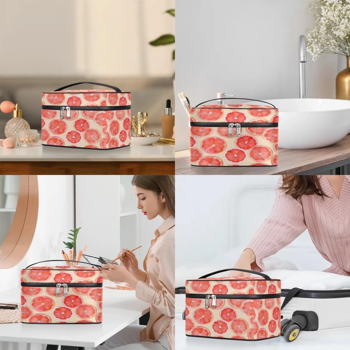 Makeup Bag Large Lemon Slice Theme Toiletry Bag for Women Travel Cosmetic Bag Portable Makeup Bag for Bottles Brushes Lipstick Skin Care