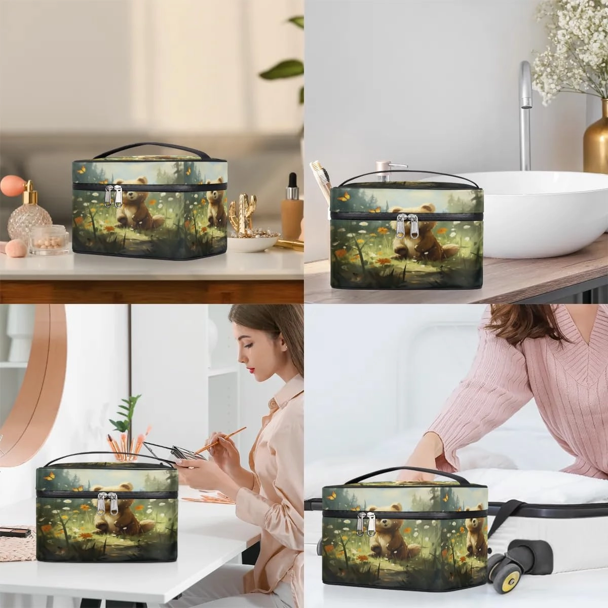 Makeup Bag Large Lively Bear Toiletry Bag for Women Travel Cosmetic Bag Portable Makeup Bag for Bottles Brushes Lipstick Skin Care
