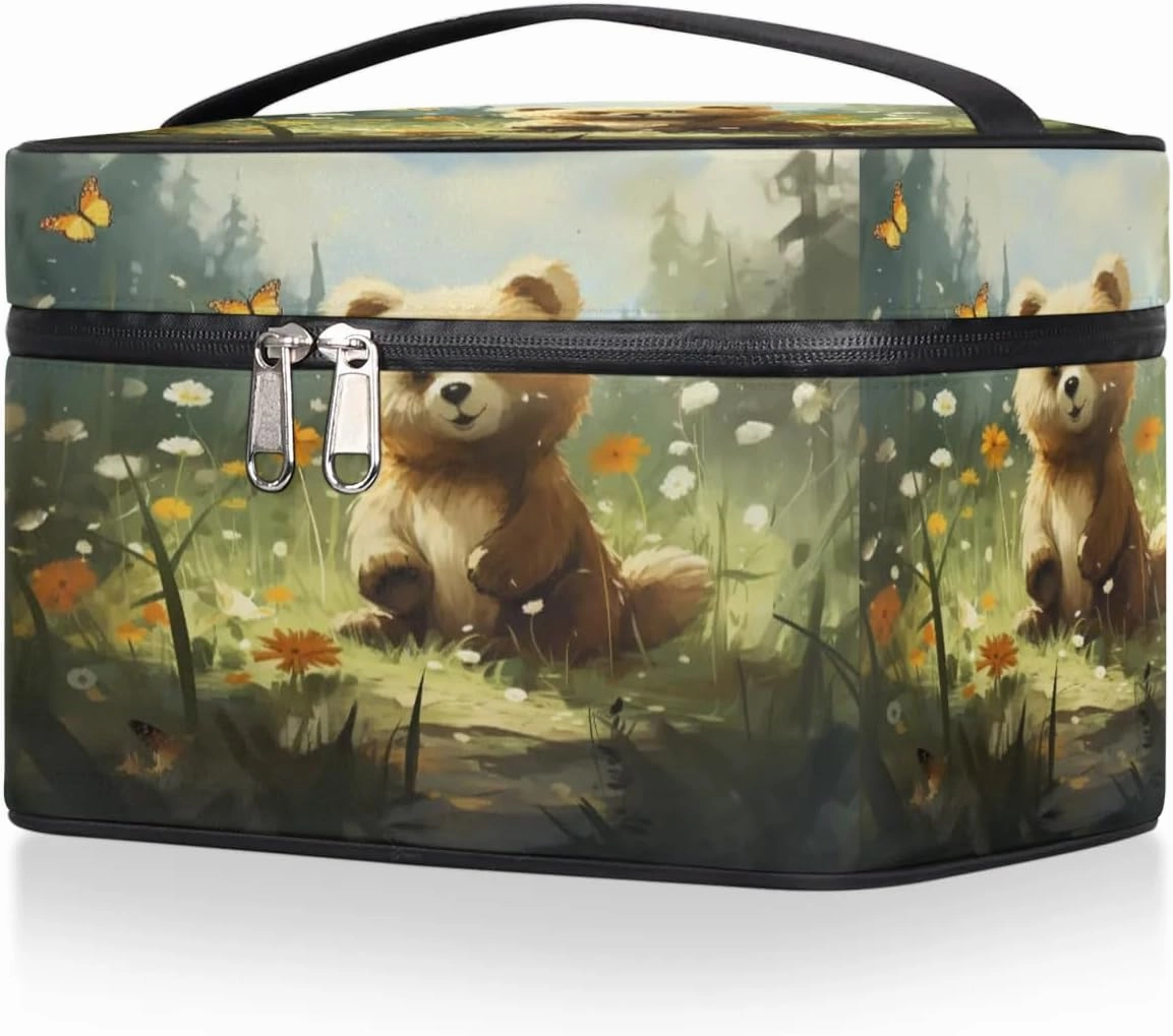 Makeup Bag Large Lively Bear Toiletry Bag for Women Travel Cosmetic Bag Portable Makeup Bag for Bottles Brushes Lipstick Skin Care