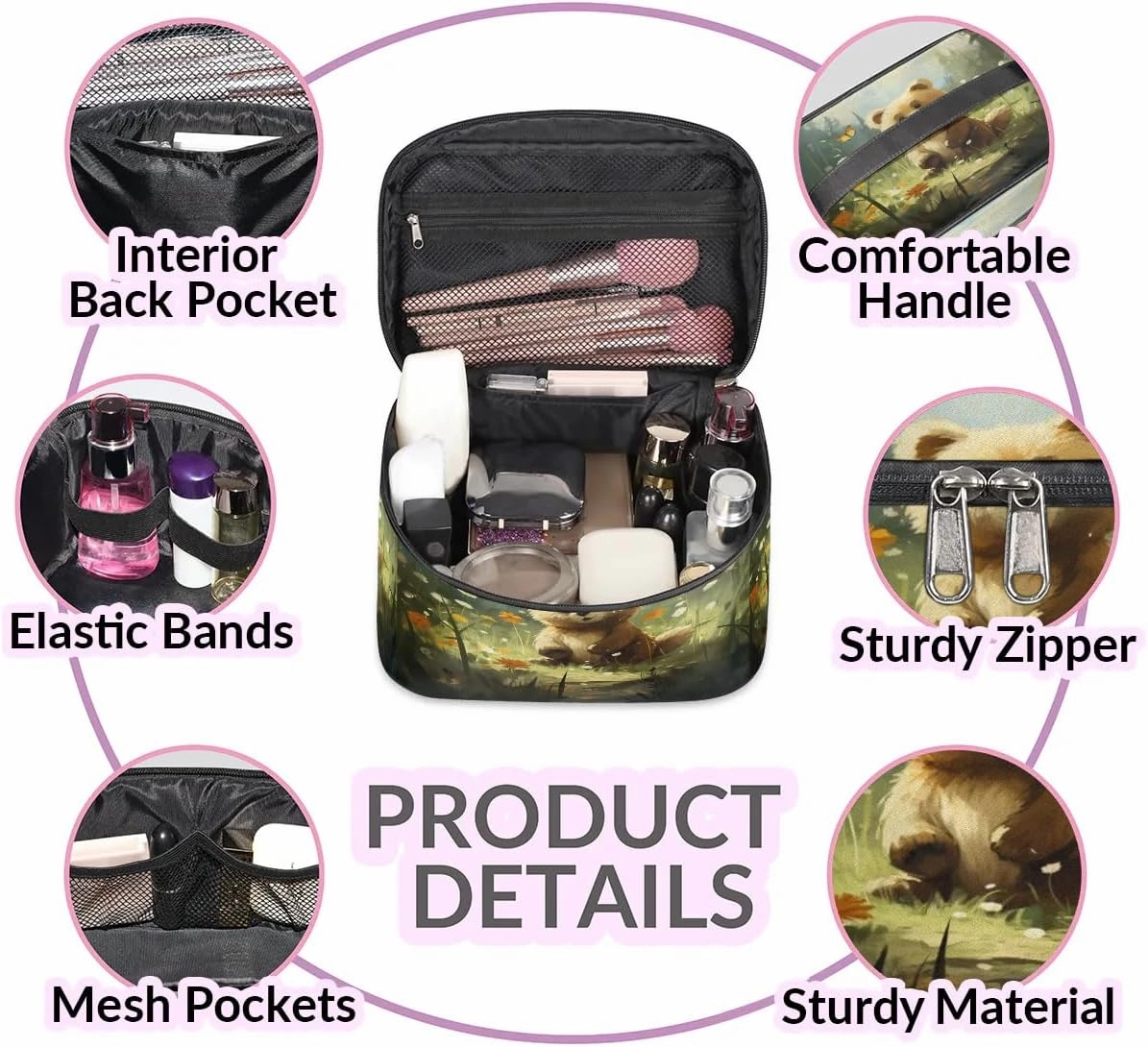Makeup Bag Large Lively Bear Toiletry Bag for Women Travel Cosmetic Bag Portable Makeup Bag for Bottles Brushes Lipstick Skin Care