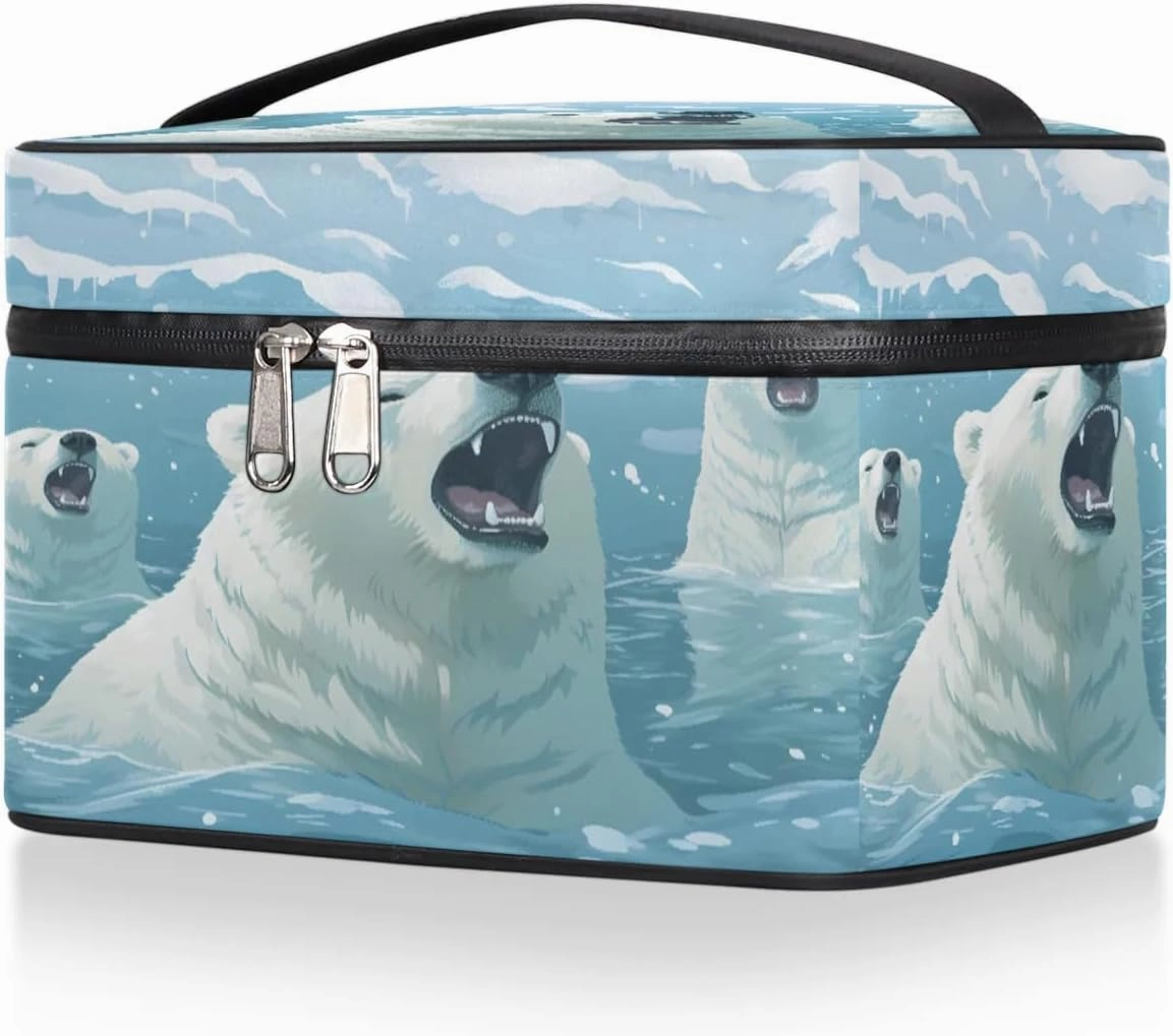 Makeup Bag Large Roaring Polar Bear Toiletry Bag for Women Travel Cosmetic Bag Portable Makeup Bag for Bottles Brushes Lipstick Skin Care