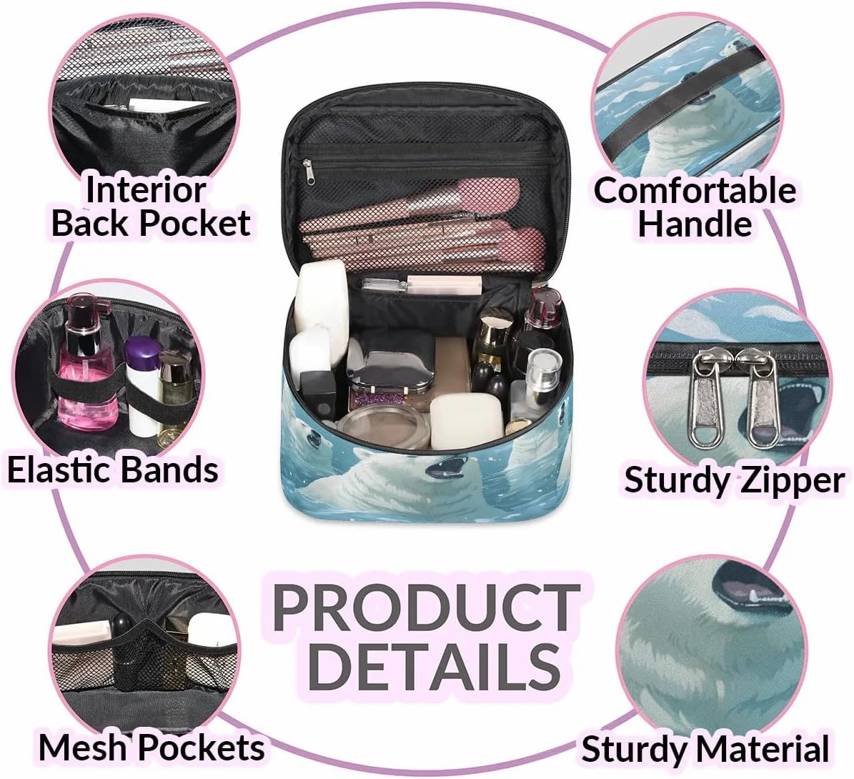 Makeup Bag Large Roaring Polar Bear Toiletry Bag for Women Travel Cosmetic Bag Portable Makeup Bag for Bottles Brushes Lipstick Skin Care