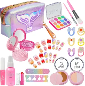 Mermaid Pretend Make Up for Toddler Girls 3-5 4-6 , Kids Makeup with Mermaids Cosmetic Bag,Press On Nails,Hair Ties, Fake Lipstick Kit, Christmas Birthday Princess Gifts Toys for Girl