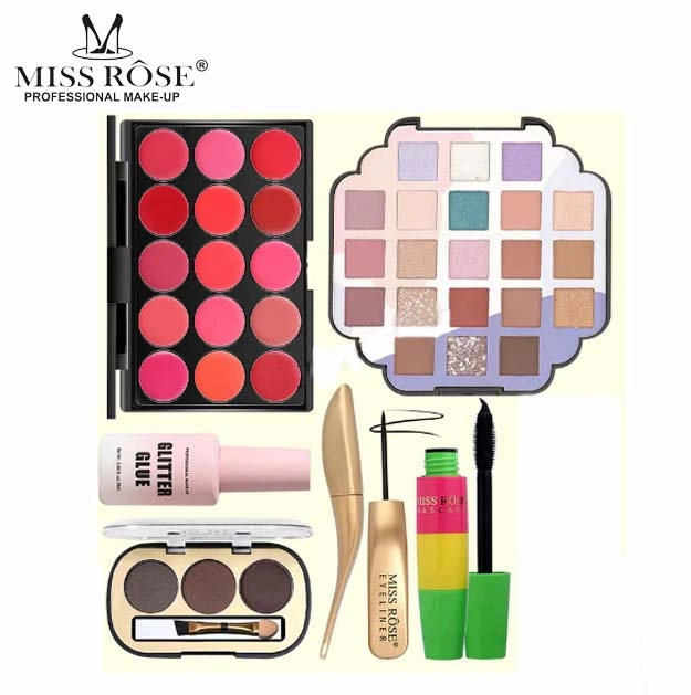 Miss Rose - Pack of 6 - 21 Color Eyeshadow Palette  15 Color Lipstick Matte Lip Cream Palette   3 Colors Eyebrow Powder   Glitter Glue 25ml Long Lasting Waterproof   Glamour Eyeliner   Funky Mascara