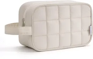 Narwey Puffy Travel Toiletry Bag for Traveling Women Girl, Travel Bag for Toiletries, Cute Makeup Bag Cosmetic Bag Organizer, Quilted Make Up Skincare Medicine Bags (Beige)