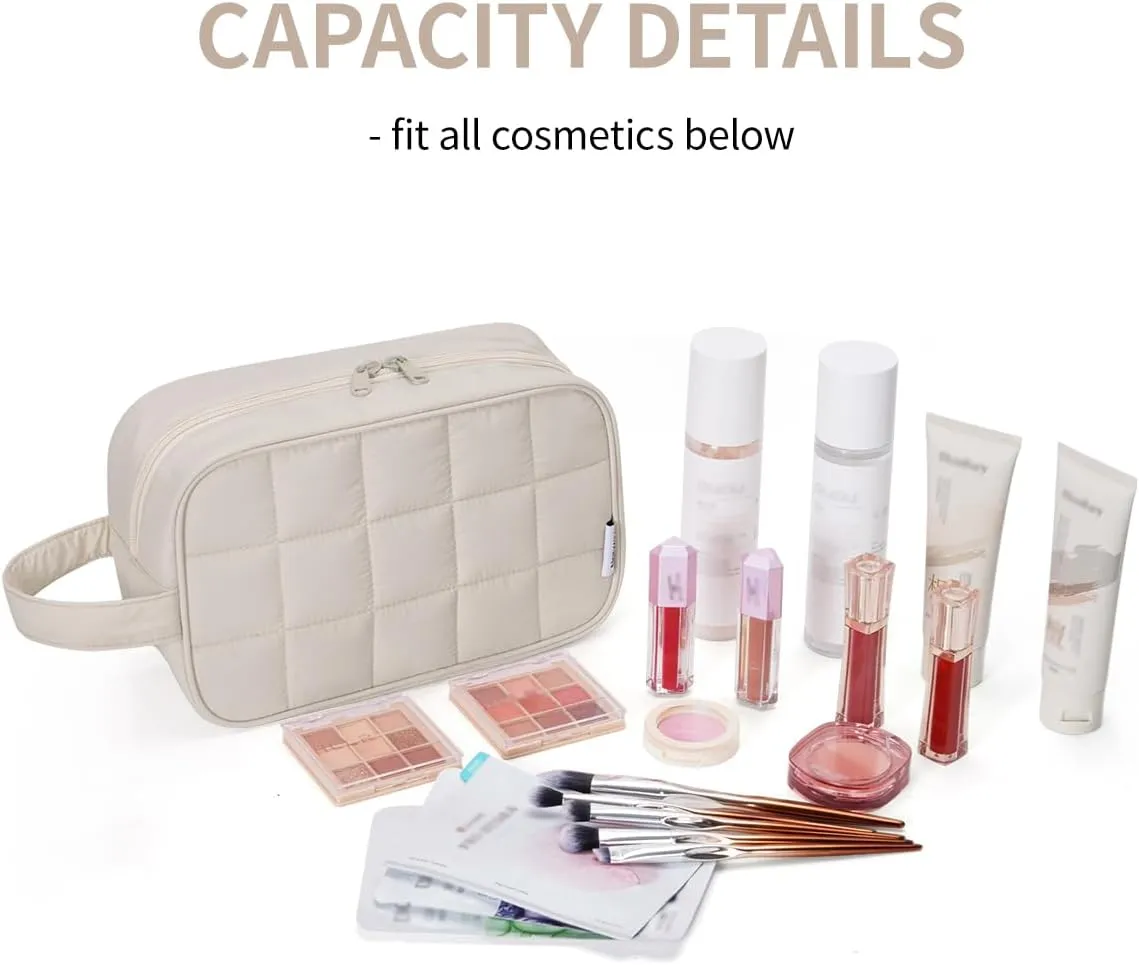 Narwey Puffy Travel Toiletry Bag for Traveling Women Girl, Travel Bag for Toiletries, Cute Makeup Bag Cosmetic Bag Organizer, Quilted Make Up Skincare Medicine Bags (Beige)