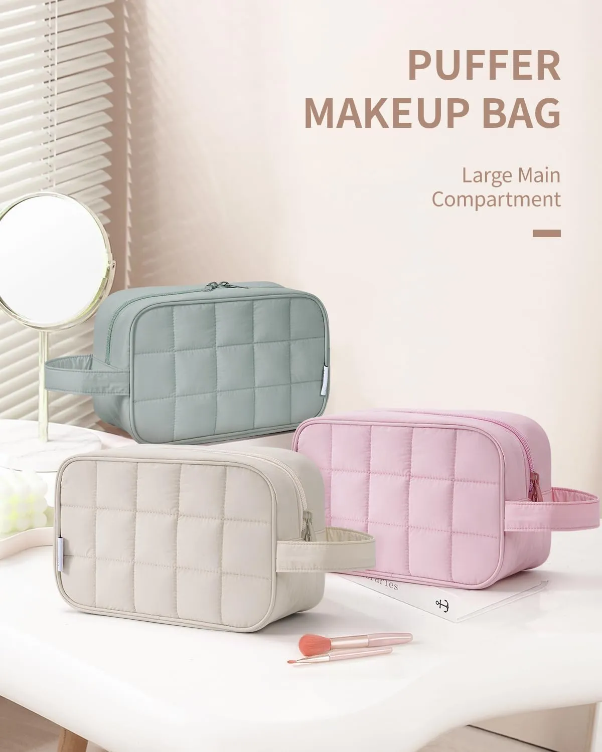 Narwey Puffy Travel Toiletry Bag for Traveling Women Girl, Travel Bag for Toiletries, Cute Makeup Bag Cosmetic Bag Organizer, Quilted Make Up Skincare Medicine Bags (Beige)