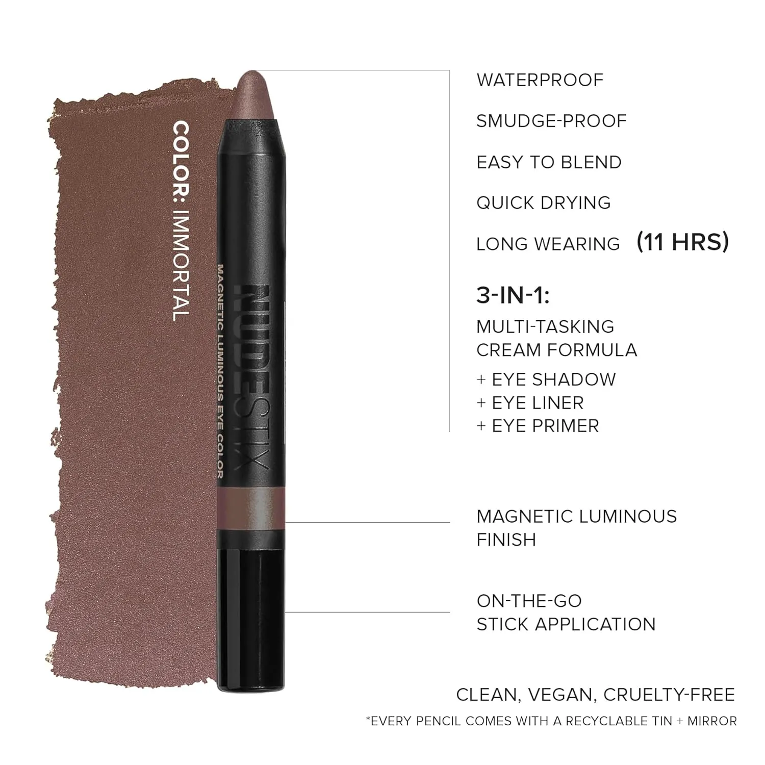 Nudestix Magnetic Luminous Eye Color Pencil, Eyeshadow   Eyeliner   Eyelid Primer   Highlighter Stick, Satin Finish Cream Makeup, Long Lasting, Waterproof