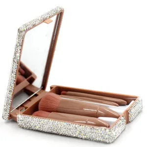 Portable Barrel Makeup Brush Set 5 Pieces for Eyeshadow, Eyebrow, and Makeup Application with Crystal Bling Gift Case (White)