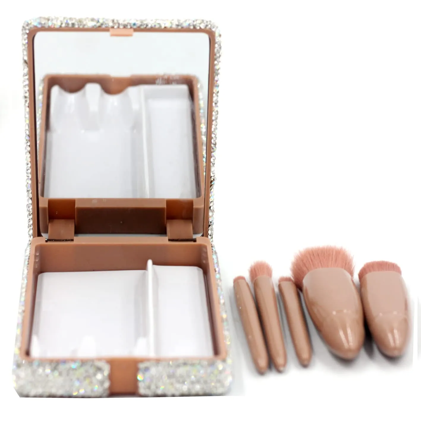 Portable Barrel Makeup Brush Set 5 Pieces for Eyeshadow, Eyebrow, and Makeup Application with Crystal Bling Gift Case (White)