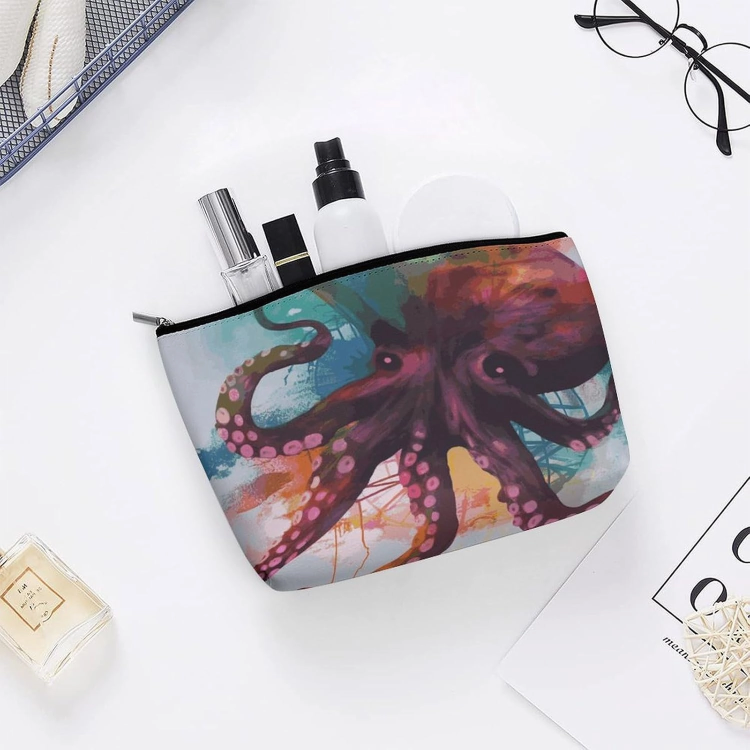 Portable Small Cosmetic Bag Cute Travel Makeup Bag Abstract Colorful Octopus Waterproof Toiletry Bag for Women
