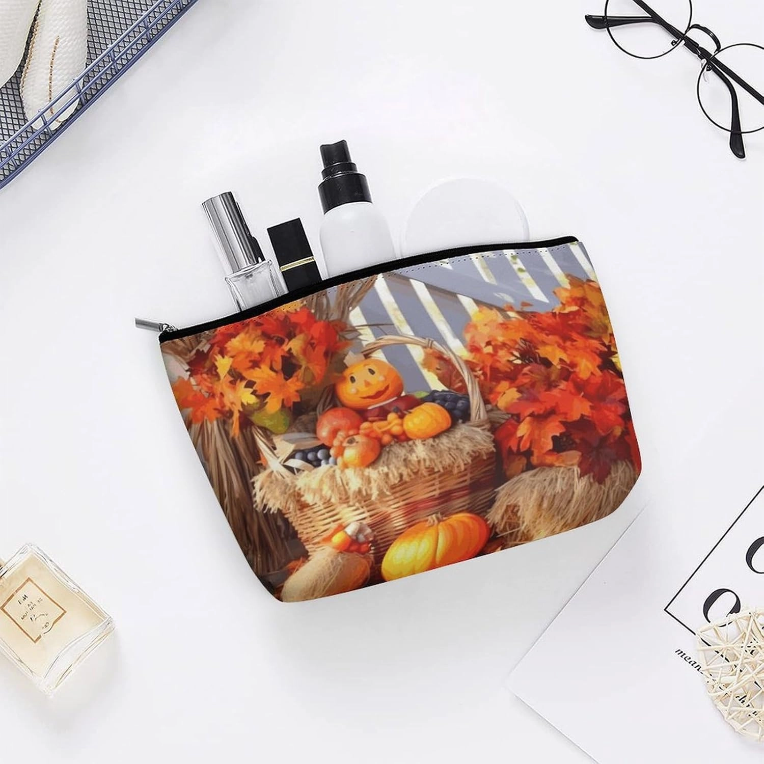 Portable Small Cosmetic Bag Cute Travel Makeup Bag Autumn Thanksgiving Waterproof Toiletry Bag for Women