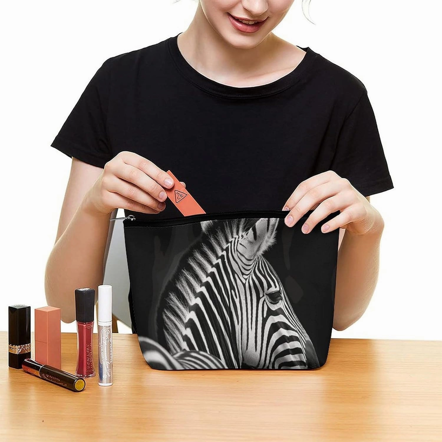 Portable Small Cosmetic Bag Cute Travel Makeup Bag Black & White Zebra Waterproof Toiletry Bag for Women