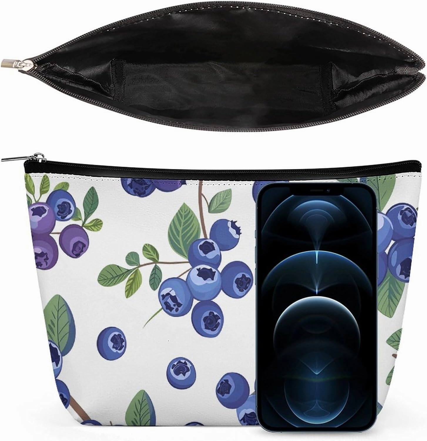 Portable Small Cosmetic Bag Cute Travel Makeup Bag Blueberries with Leaves Waterproof Toiletry Bag for Women